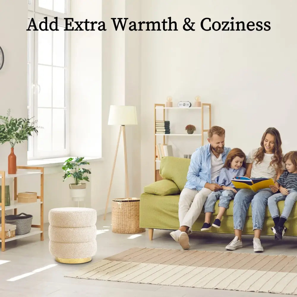 2X Round Stacked Ottoman Stool Teddy Fleece Fabric Foot Rest 38cm BEIGE - Furniture > Living Room > Ottomans &