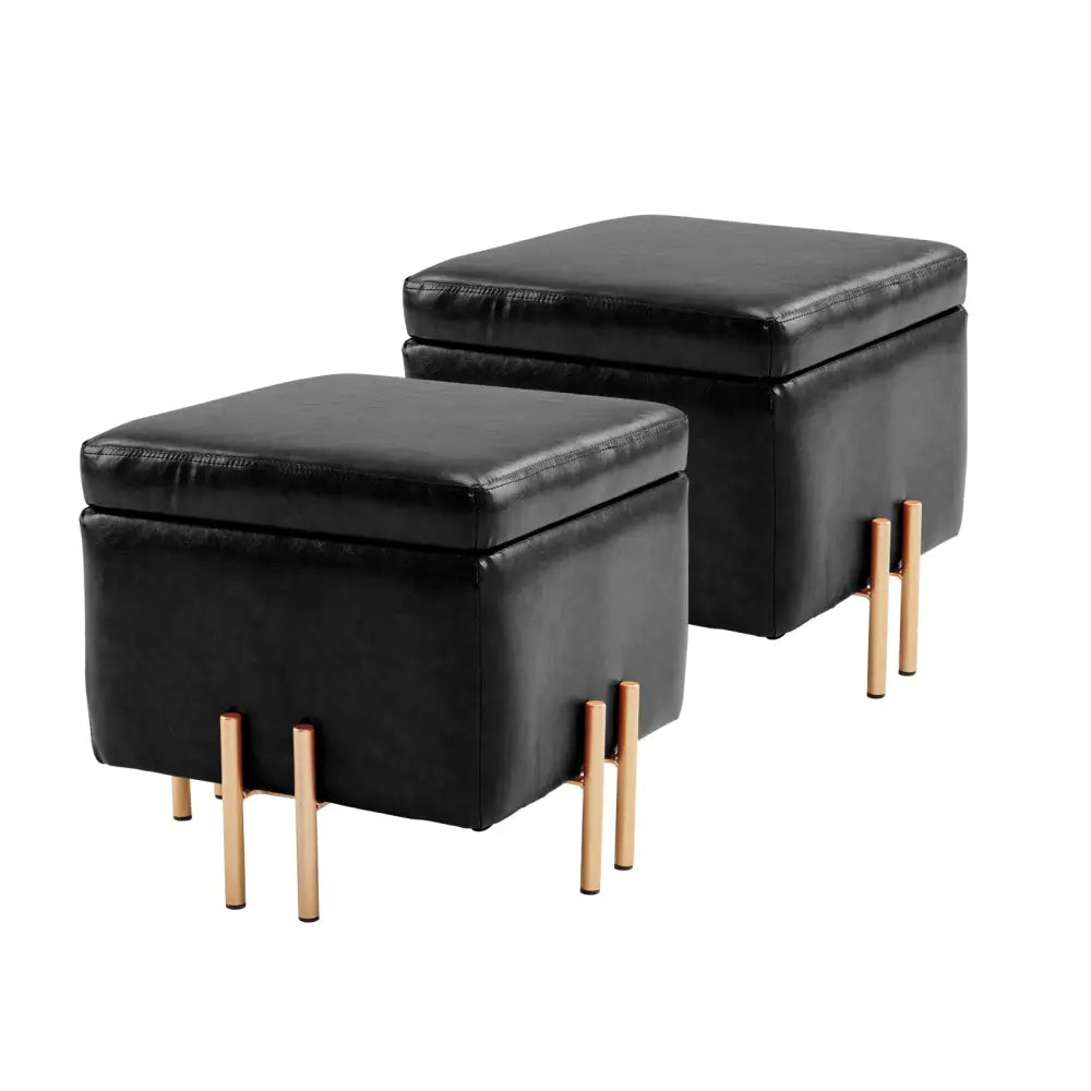 2X Storage Ottoman Foot Stool Cube Tuffet Seat 45cm PU Leather BLACK - Furniture > Bedroom