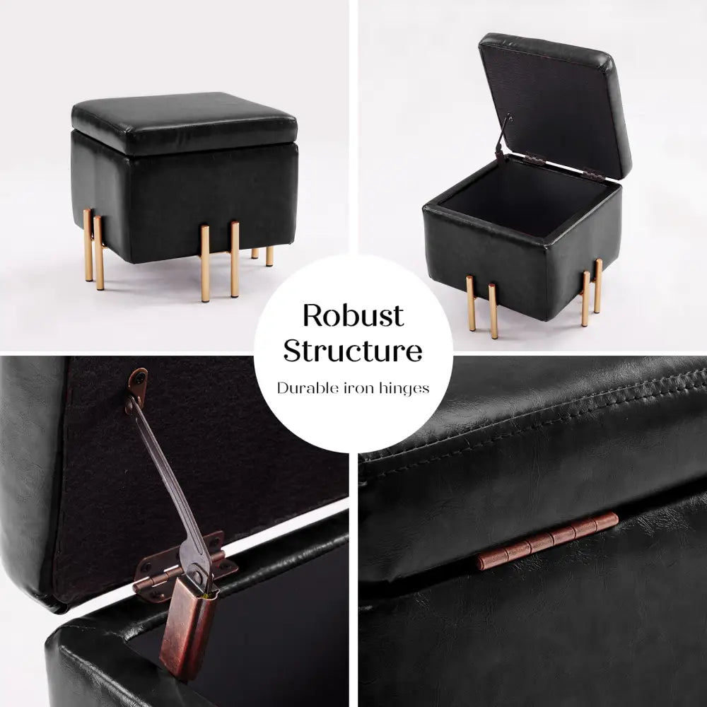 2X Storage Ottoman Foot Stool Cube Tuffet Seat 45cm PU Leather BLACK - Furniture > Bedroom