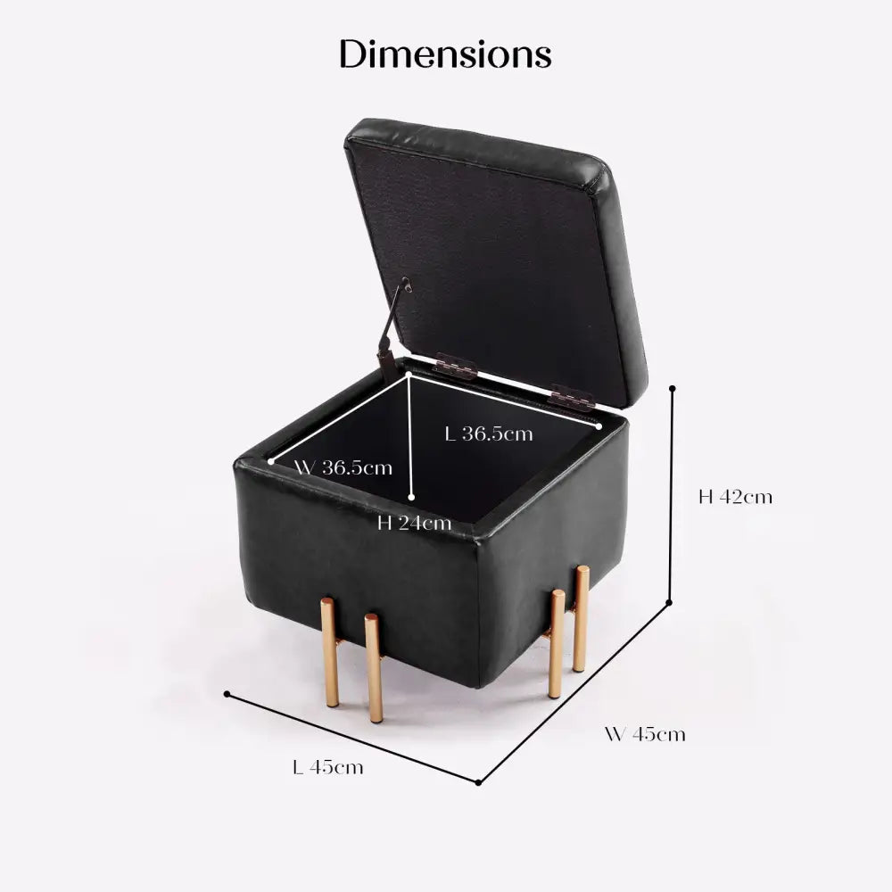 2X Storage Ottoman Foot Stool Cube Tuffet Seat 45cm PU Leather BLACK - Furniture > Bedroom