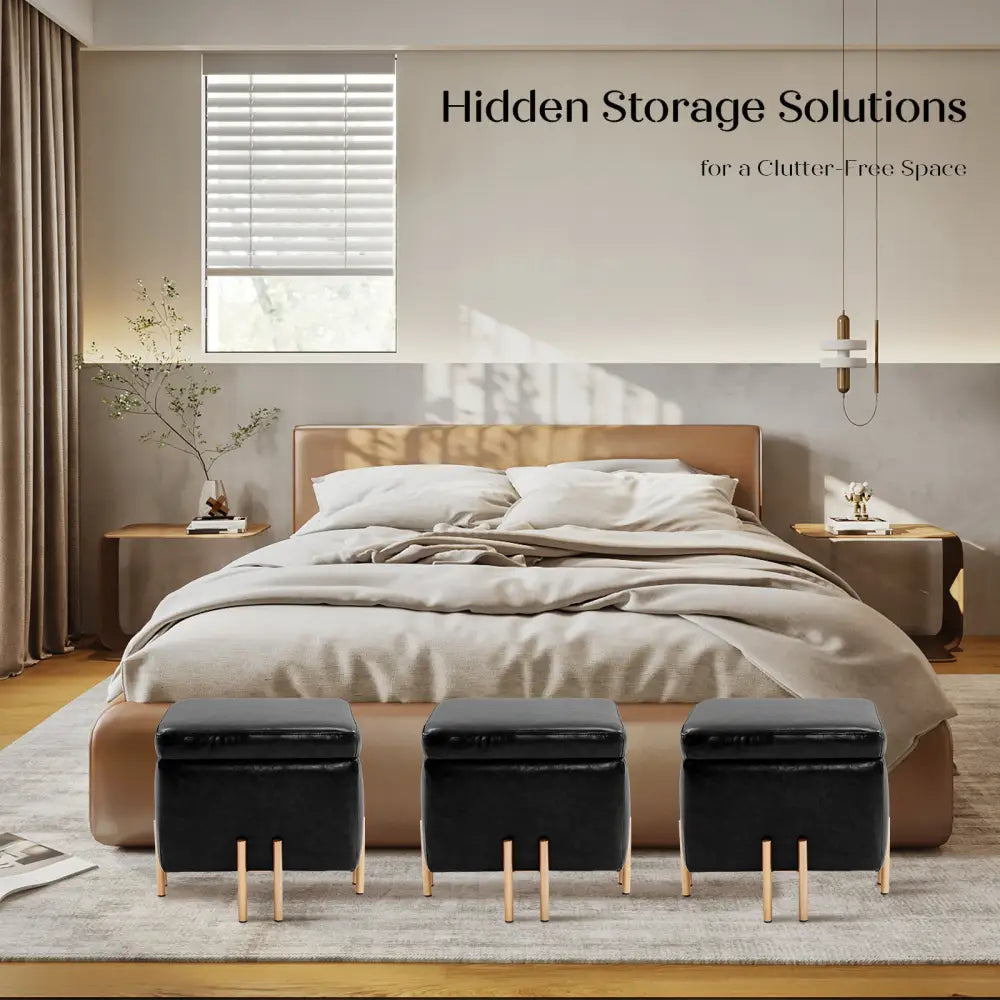 2X Storage Ottoman Foot Stool Cube Tuffet Seat 45cm PU Leather BLACK - Furniture > Bedroom