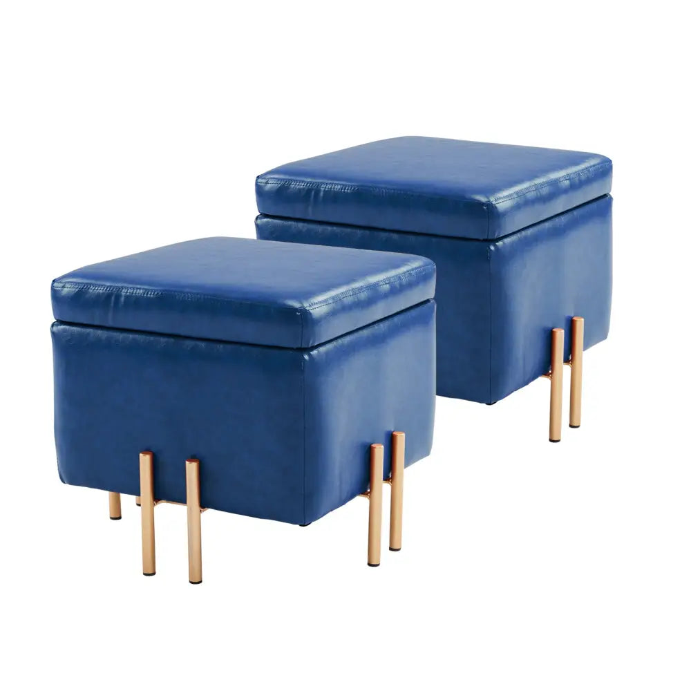 2X Storage Ottoman Foot Stool Cube Tuffet Seat 45cm PU Leather BLUE - Furniture > Bedroom