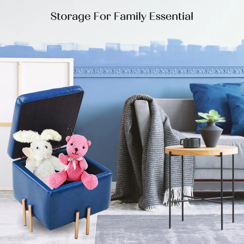 2X Storage Ottoman Foot Stool Cube Tuffet Seat 45cm PU Leather BLUE - Furniture > Bedroom