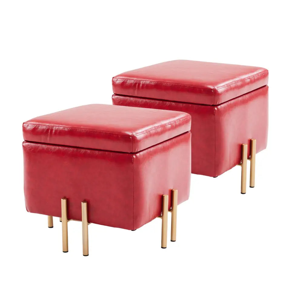 2X Storage Ottoman Foot Stool Cube Tuffet Seat 45cm PU Leather RED - Furniture > Bedroom