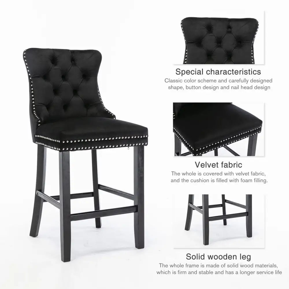 2X Velvet Bar Stools with Studs Trim Wooden Legs Tufted Dining Chairs Kitchen - Furniture > Bar Stools & Chairs > Table