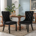 2x Velvet Dining Chairs Upholstered Tufted Kithcen Chair with Solid Wood Legs Stud Trim and Ring-Black - Furniture >