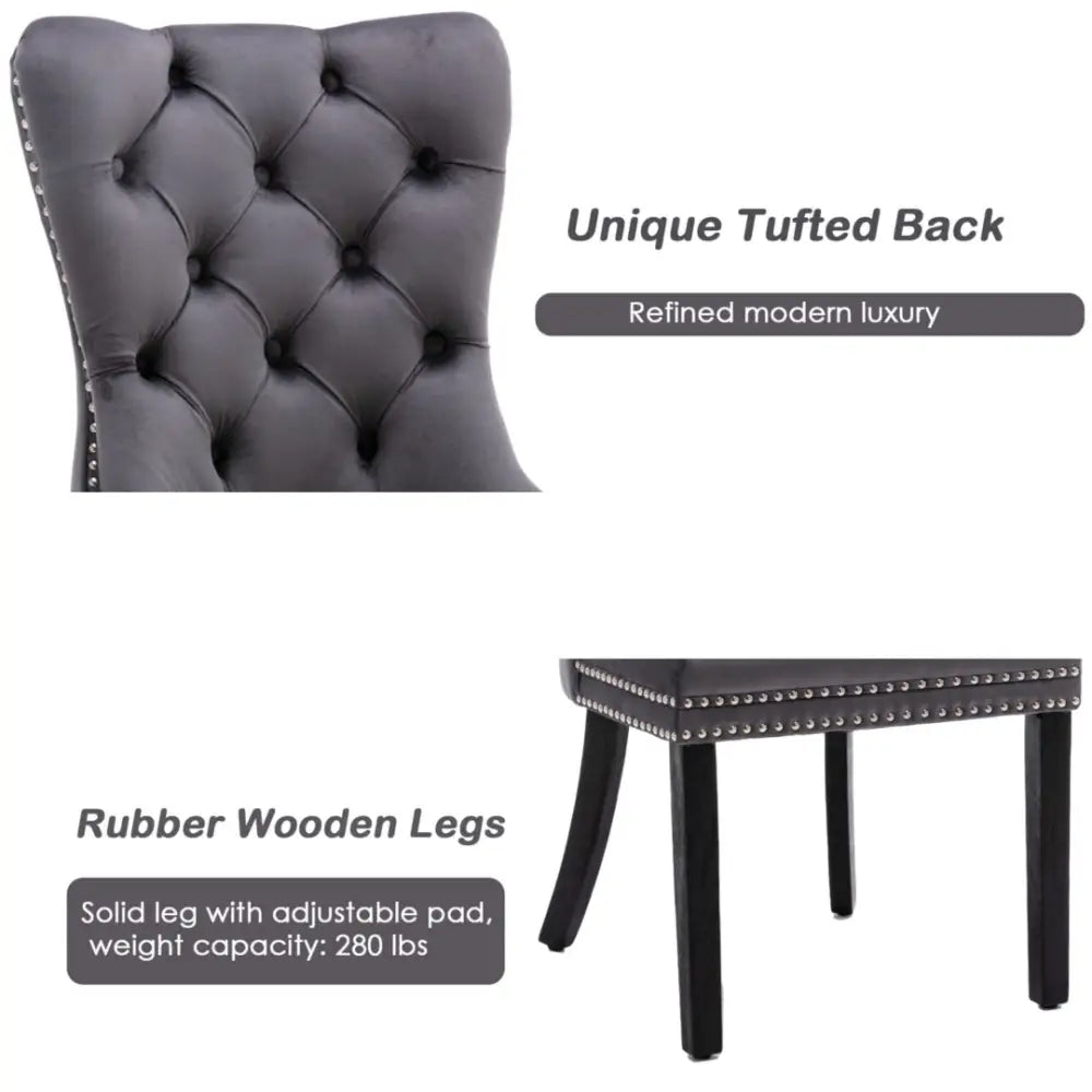 2x Velvet Dining Chairs Upholstered Tufted Kithcen Chair with Solid Wood Legs Stud Trim and Ring-Gray - Furniture > Bar