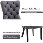 2x Velvet Dining Chairs Upholstered Tufted Kithcen Chair with Solid Wood Legs Stud Trim and Ring-Gray - Furniture > Bar