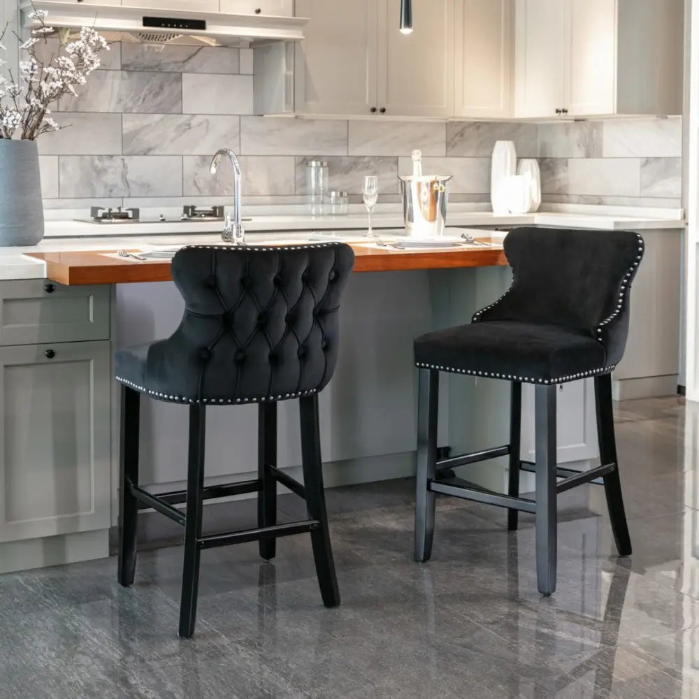 2x Velvet Upholstered Button Tufted Bar Stools with Wood Legs and Studs-Black - Furniture > Bar Stools & Chairs > Table