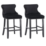 2x Velvet Upholstered Button Tufted Bar Stools with Wood Legs and Studs-Black - Furniture > Bar Stools & Chairs > Table