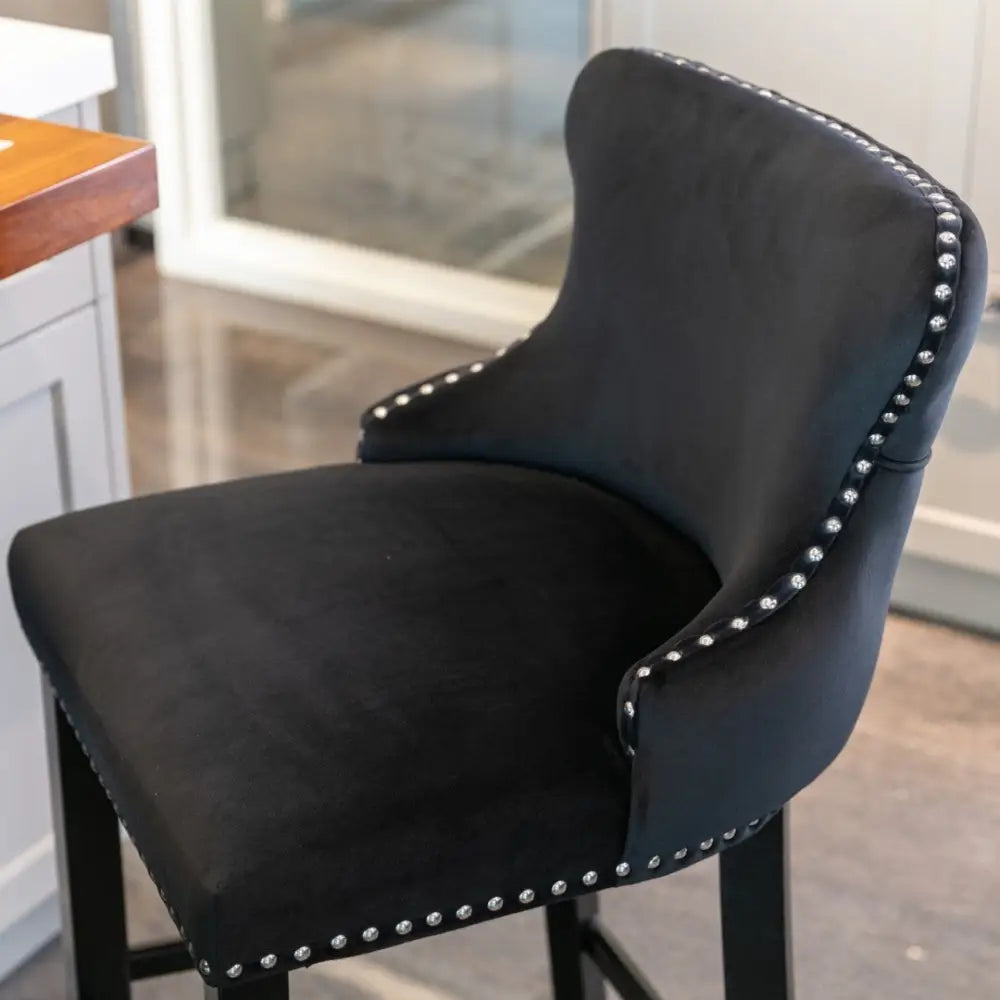 2x Velvet Upholstered Button Tufted Bar Stools with Wood Legs and Studs-Black - Furniture > Bar Stools & Chairs > Table