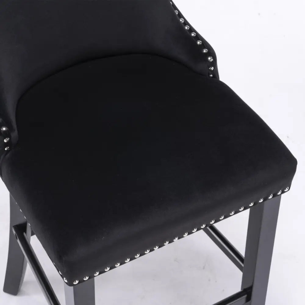 2x Velvet Upholstered Button Tufted Bar Stools with Wood Legs and Studs-Black - Furniture > Bar Stools & Chairs > Table