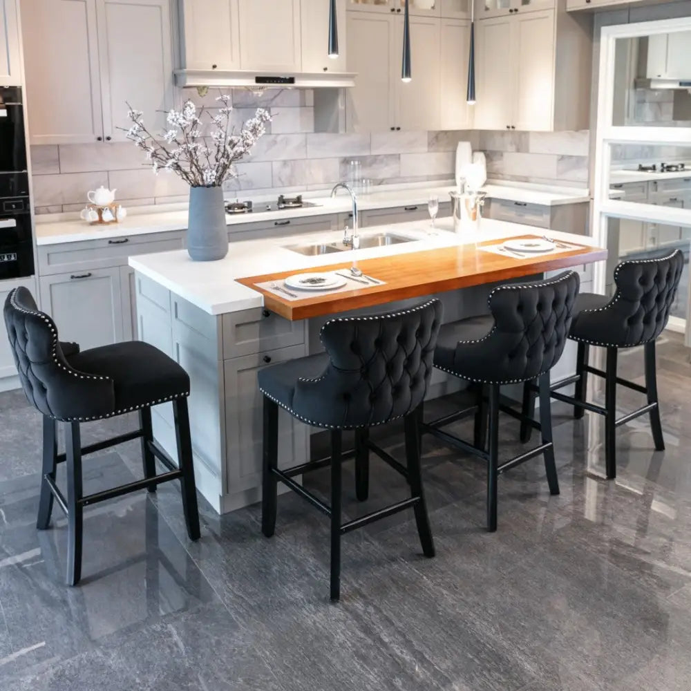 2x Velvet Upholstered Button Tufted Bar Stools with Wood Legs and Studs-Black - Furniture > Bar Stools & Chairs > Table