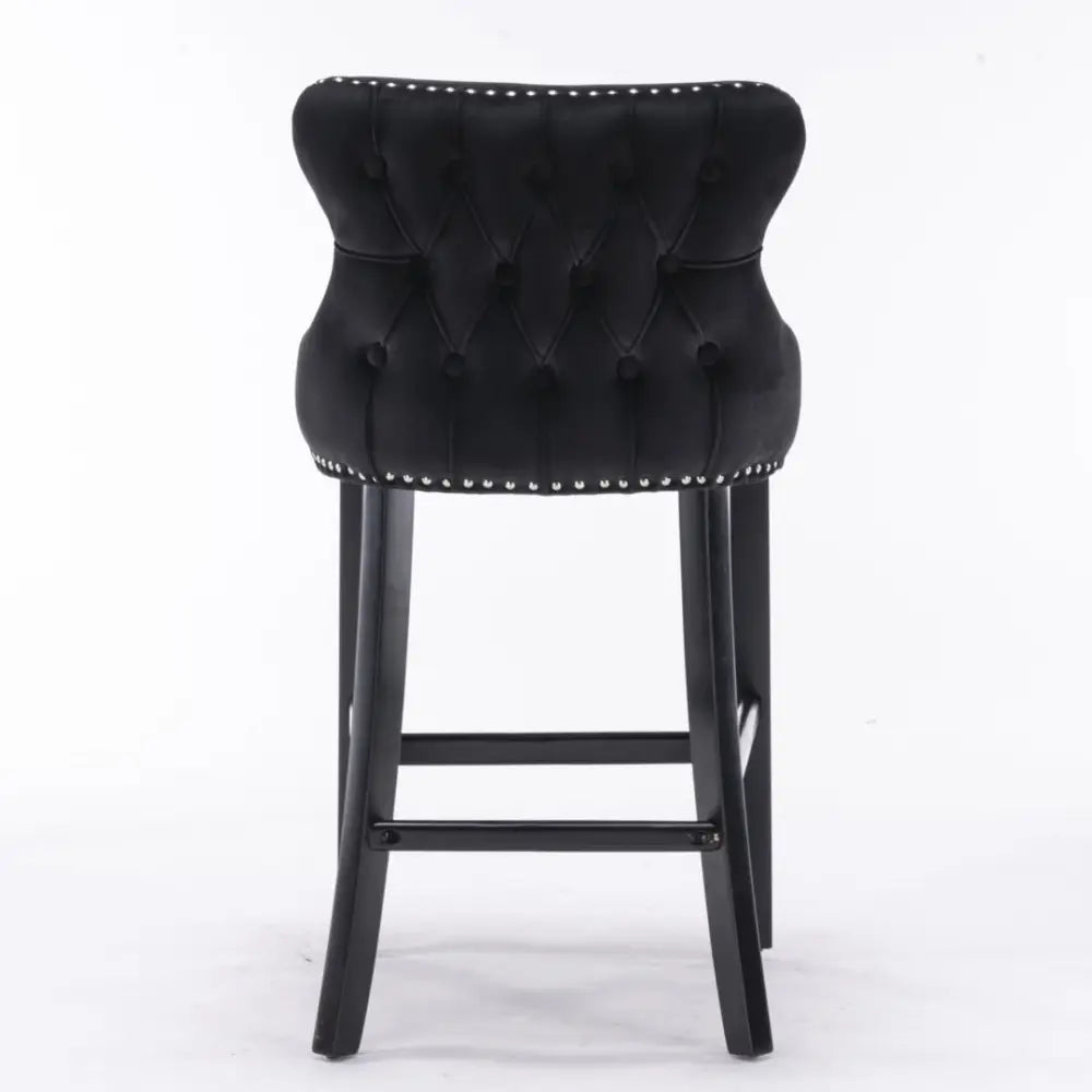 2x Velvet Upholstered Button Tufted Bar Stools with Wood Legs and Studs-Black - Furniture > Bar Stools & Chairs > Table