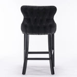 2x Velvet Upholstered Button Tufted Bar Stools with Wood Legs and Studs-Black - Furniture > Bar Stools & Chairs > Table