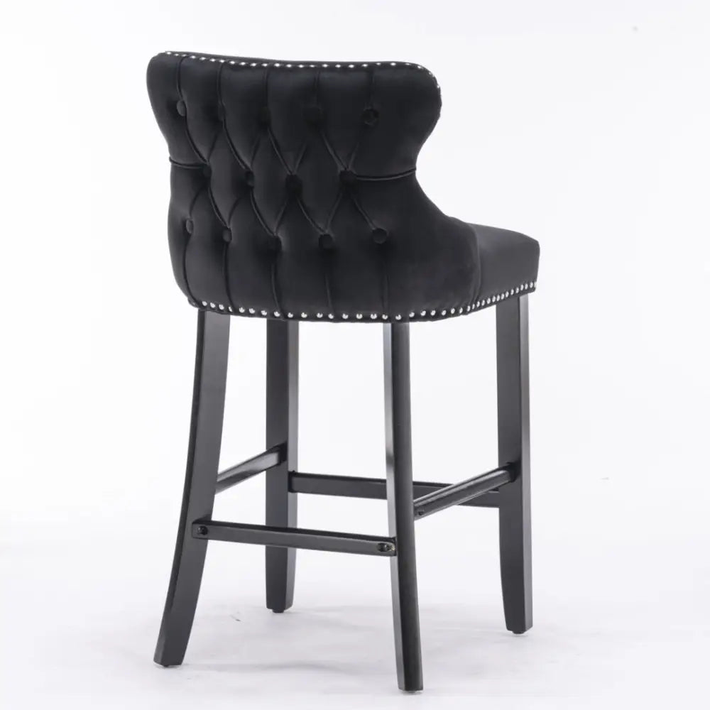 2x Velvet Upholstered Button Tufted Bar Stools with Wood Legs and Studs-Black - Furniture > Bar Stools & Chairs > Table
