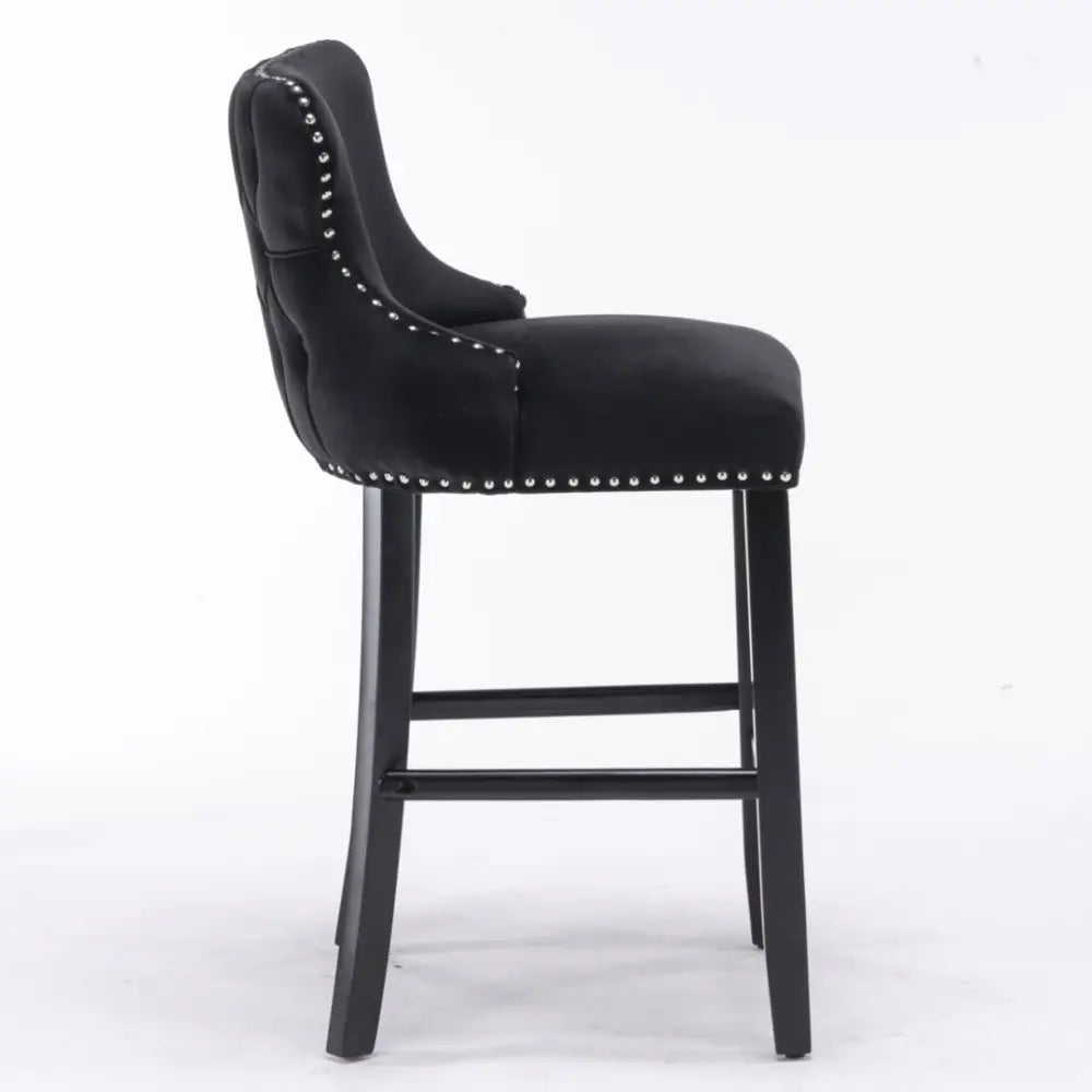 2x Velvet Upholstered Button Tufted Bar Stools with Wood Legs and Studs-Black - Furniture > Bar Stools & Chairs > Table