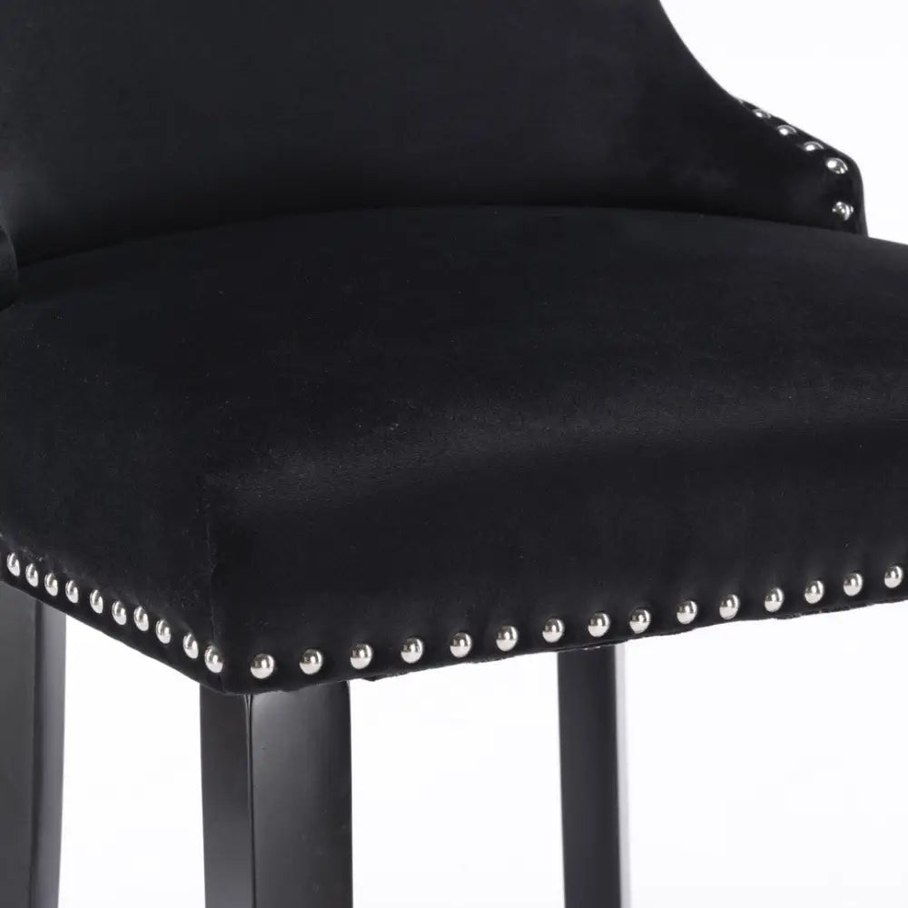 2x Velvet Upholstered Button Tufted Bar Stools with Wood Legs and Studs-Black - Furniture > Bar Stools & Chairs > Table
