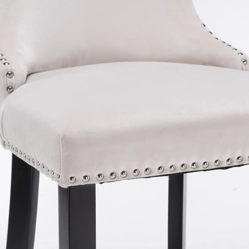 2x Velvet Upholstered Button Tufted Bar Stools with Wood Legs and Studs-Beige - Furniture > Bar Stools & Chairs