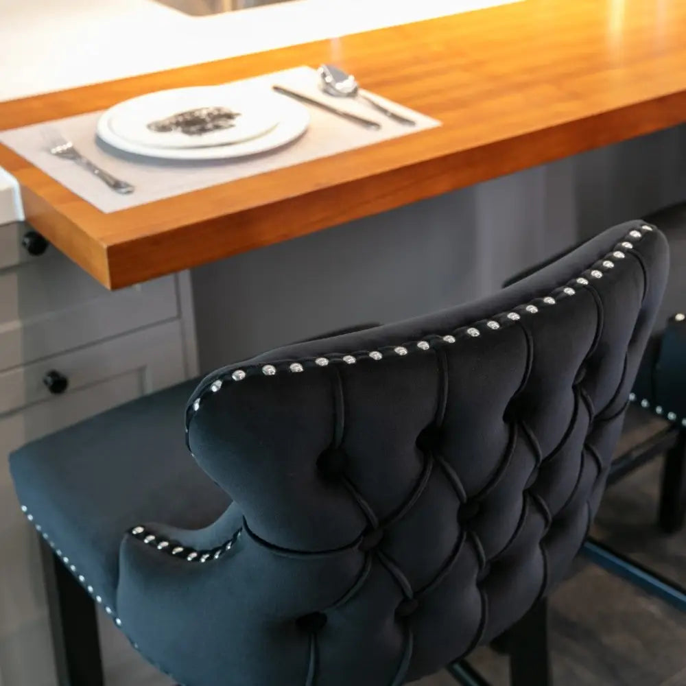 2x Velvet Upholstered Button Tufted Bar Stools with Wood Legs and Studs-Black - Furniture > Bar Stools & Chairs > Table
