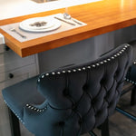 2x Velvet Upholstered Button Tufted Bar Stools with Wood Legs and Studs-Black - Furniture > Bar Stools & Chairs > Table