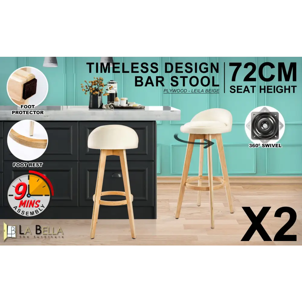 2X Wood Bar Stool Dining Chair Fabric LEILA 72cm BEIGE - Furniture > Bar Stools & Chairs > Table & Bar Stools
