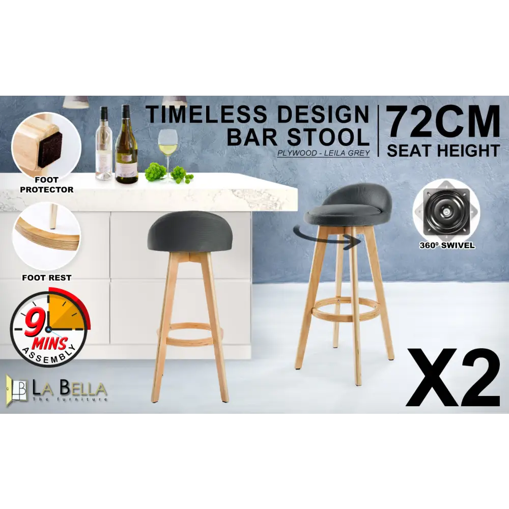 2X Wooden Bar Stool Dining Chair Fabric LEILA 72cm GREY - Furniture > Bar Stools & Chairs > Table & Bar Stools