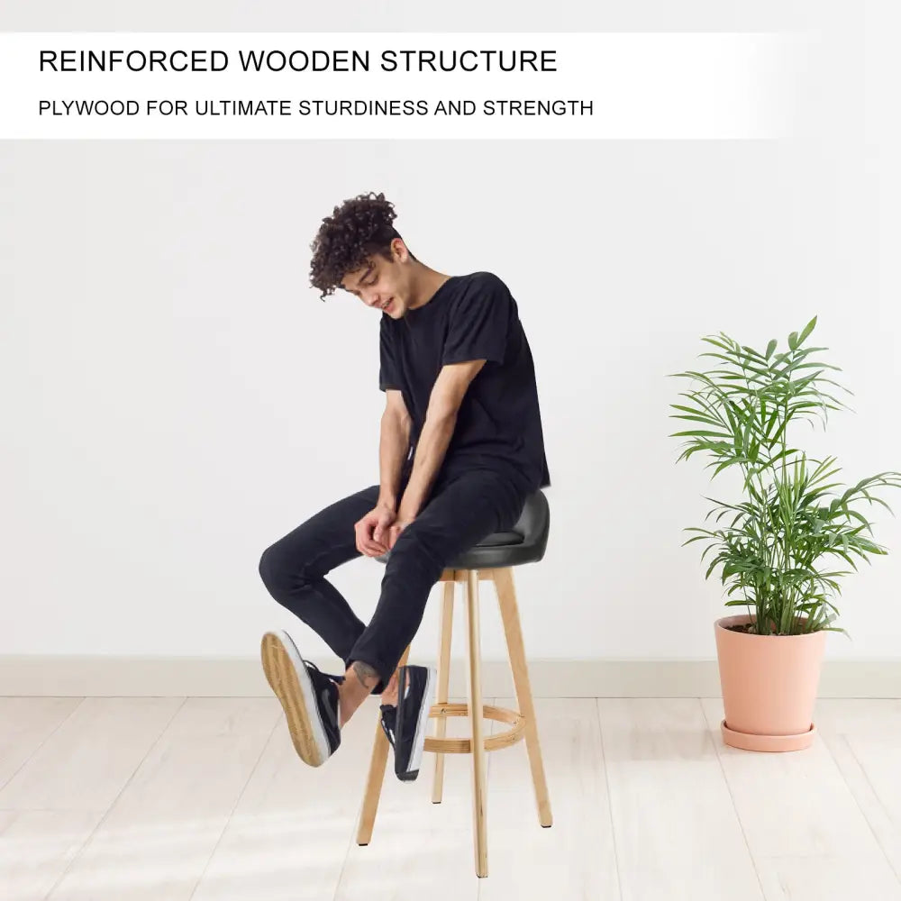 2X Wooden Bar Stool Dining Chair Leather LEILA 72cm BLACK - Furniture > Bar Stools & Chairs > Table & Bar Stools