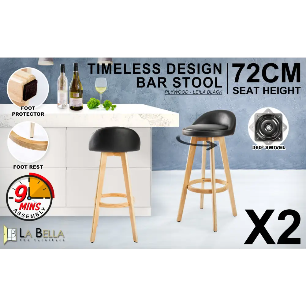 2X Wooden Bar Stool Dining Chair Leather LEILA 72cm BLACK - Furniture > Bar Stools & Chairs > Table & Bar Stools