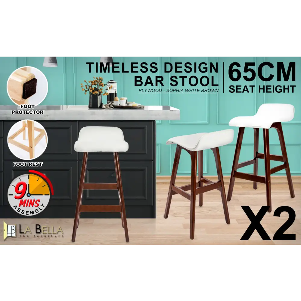 2X Wooden Bar Stool Dining Chair Leather SOPHIA 65cm WHITE BROWN - Furniture > Bar Stools & Chairs > Table & Bar Stools