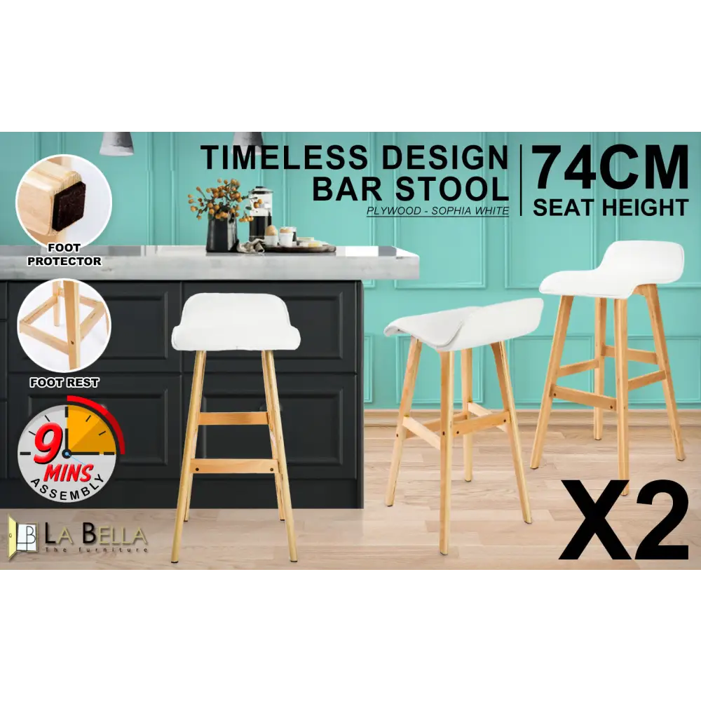 2X Wooden Bar Stool Dining Chair Leather SOPHIA 74cm WHITE - Furniture > Bar Stools & Chairs > Table & Bar Stools