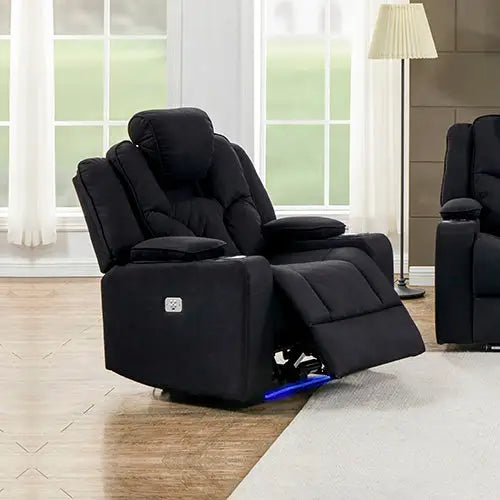 3 + 1 + 1 Seater Electric Recliner Stylish Rhino Fabric Black Lounge Armchair with LED Features - Furniture > Bar