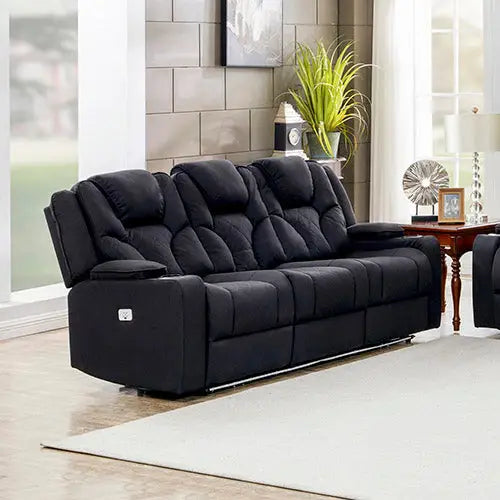 3 + 1 + 1 Seater Electric Recliner Stylish Rhino Fabric Black Lounge Armchair with LED Features - Furniture > Bar