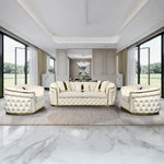 3-1-1 Seater Sofa Set Beige Velvet Fabric Solid Wood construction Gold Stainless Steel Trim - Furniture > Sofas > Sofas