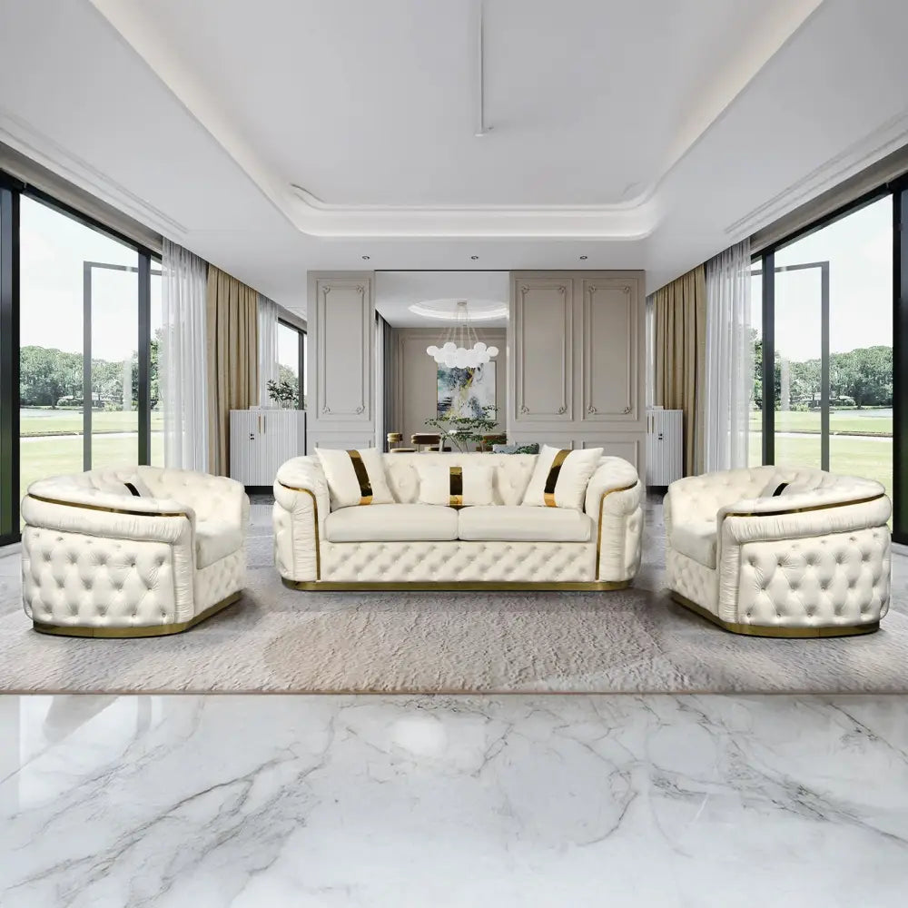 3-1-1 Seater Sofa Set Beige Velvet Fabric Solid Wood construction Gold Stainless Steel Trim - Furniture > Sofas > Sofas