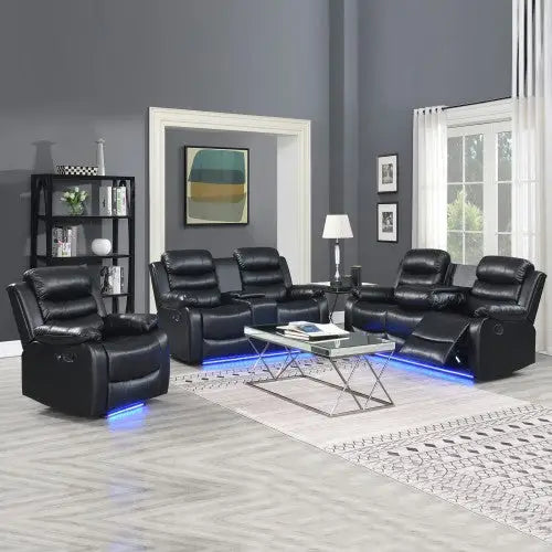 3-2-1 Seater Seater Finest Black Leatherette Recliner Feature Console LED Light Ultra Cushioned - Furniture > Sofas