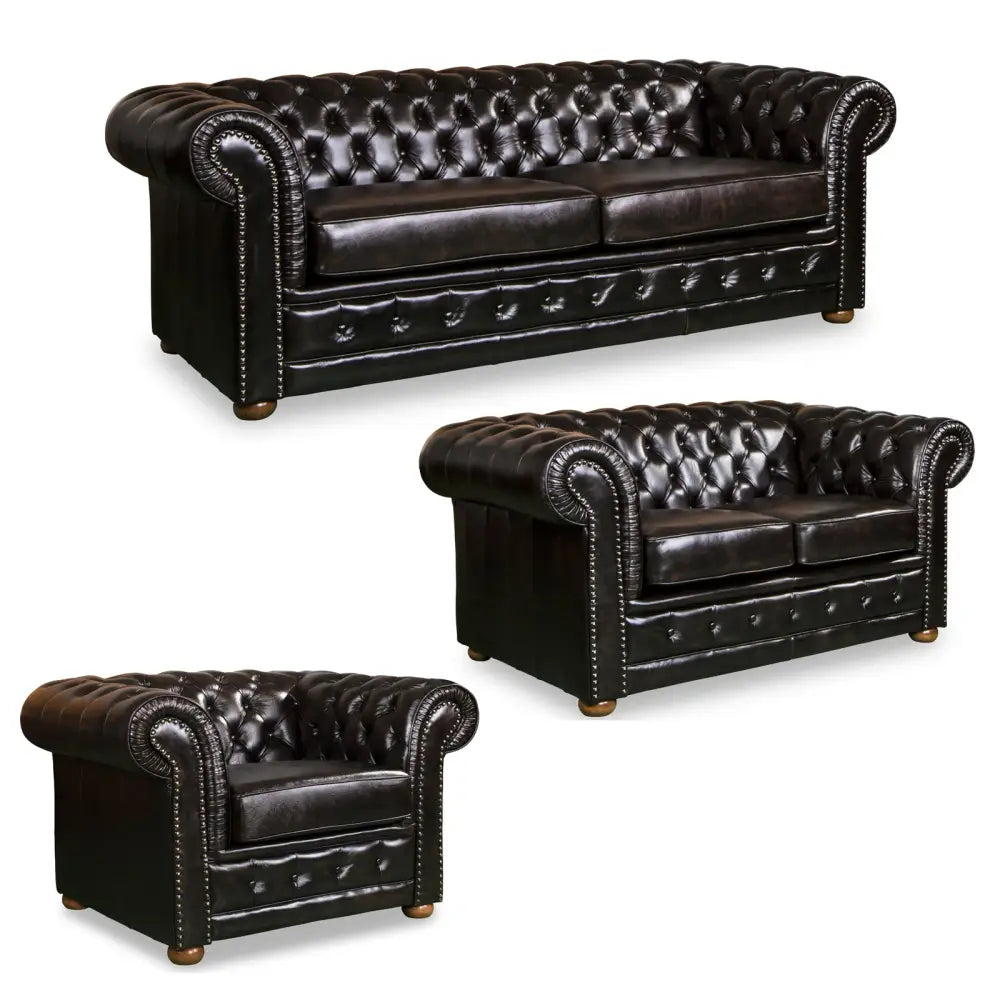 3 + 2 + 1 Seater Genuine Leather Upholstery Deep Quilting Pocket Spring Button Studding Sofa Lounge Set for Living Room