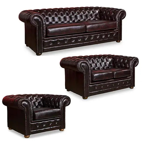 3 + 2 + 1 Seater Genuine Leather Upholstery Deep Quilting Pocket Spring Button Studding Sofa Lounge Set for Living Room