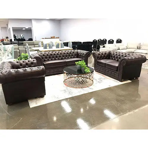 3 + 2 + 1 Seater Genuine Leather Upholstery Deep Quilting Pocket Spring Button Studding Sofa Lounge Set for Living Room