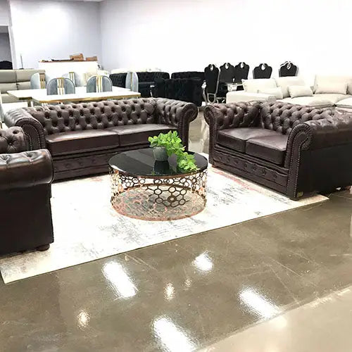3 + 2 + 1 Seater Genuine Leather Upholstery Deep Quilting Pocket Spring Button Studding Sofa Lounge Set for Living Room