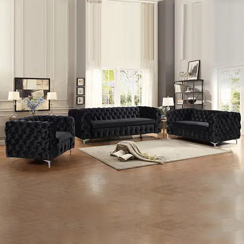 3 + 2 + 1 Seater Sofa Classic Button Tufted Lounge in Black Velvet Fabric with Metal Legs - Furniture > Sofas