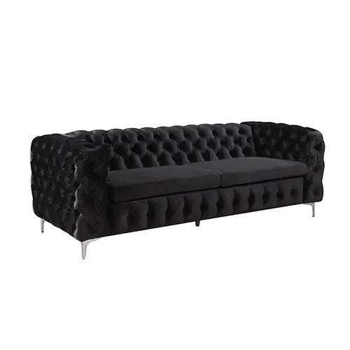 3 + 2 + 1 Seater Sofa Classic Button Tufted Lounge in Black Velvet Fabric with Metal Legs - Furniture > Sofas