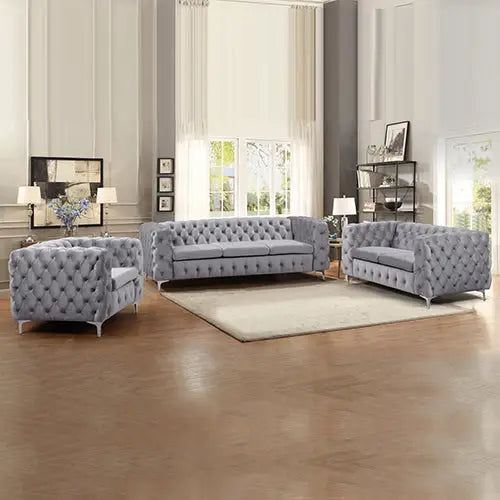 3 + 2 + 1 Seater Sofa Classic Button Tufted Lounge in Grey Velvet Fabric with Metal Legs - Furniture > Sofas