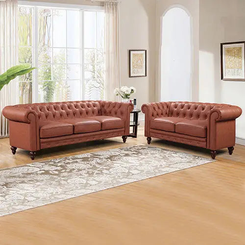 3 + 2 Seater Brown Sofa Lounge Chesterfireld Style Button Tufted in Faux Leather - Furniture > Sofas