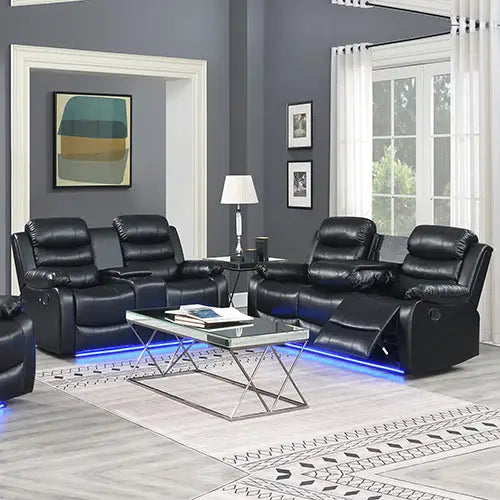 3-2 Seater Seater Finest Black Leatherette Recliner Feature Console LED Light Ultra Cushioned - Furniture > Sofas