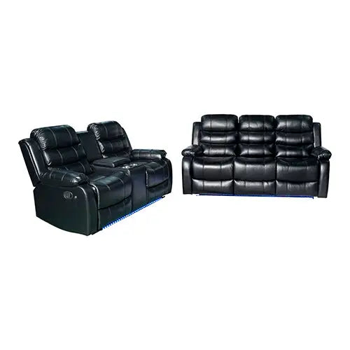 3-2 Seater Seater Finest Black Leatherette Recliner Feature Console LED Light Ultra Cushioned - Furniture > Sofas