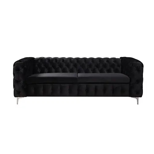 3 + 2 Seater Sofa Classic Button Tufted Lounge in Black Velvet Fabric with Metal Legs - Furniture > Sofas