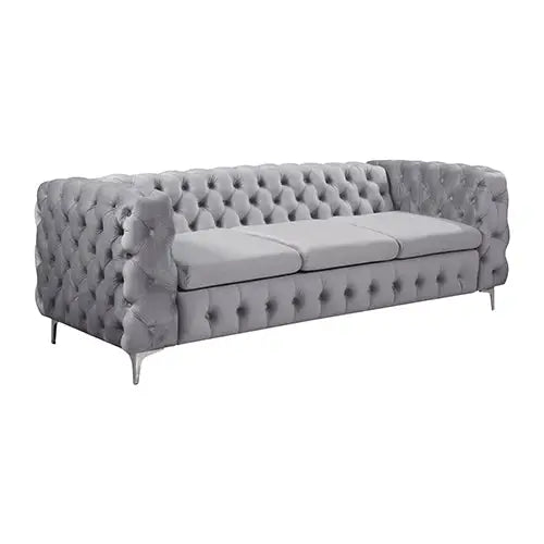 3 + 2 Seater Sofa Classic Button Tufted Lounge in Grey Velvet Fabric with Metal Legs - Furniture > Sofas