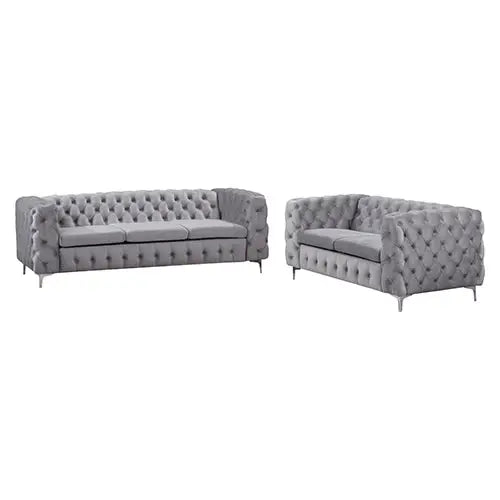3 + 2 Seater Sofa Classic Button Tufted Lounge in Grey Velvet Fabric with Metal Legs - Furniture > Sofas