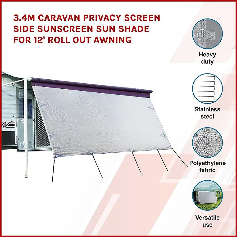 3.4m Caravan Privacy Screen Side Sunscreen Sun Shade for 12’ Roll Out Awning - Home & Garden > Shading